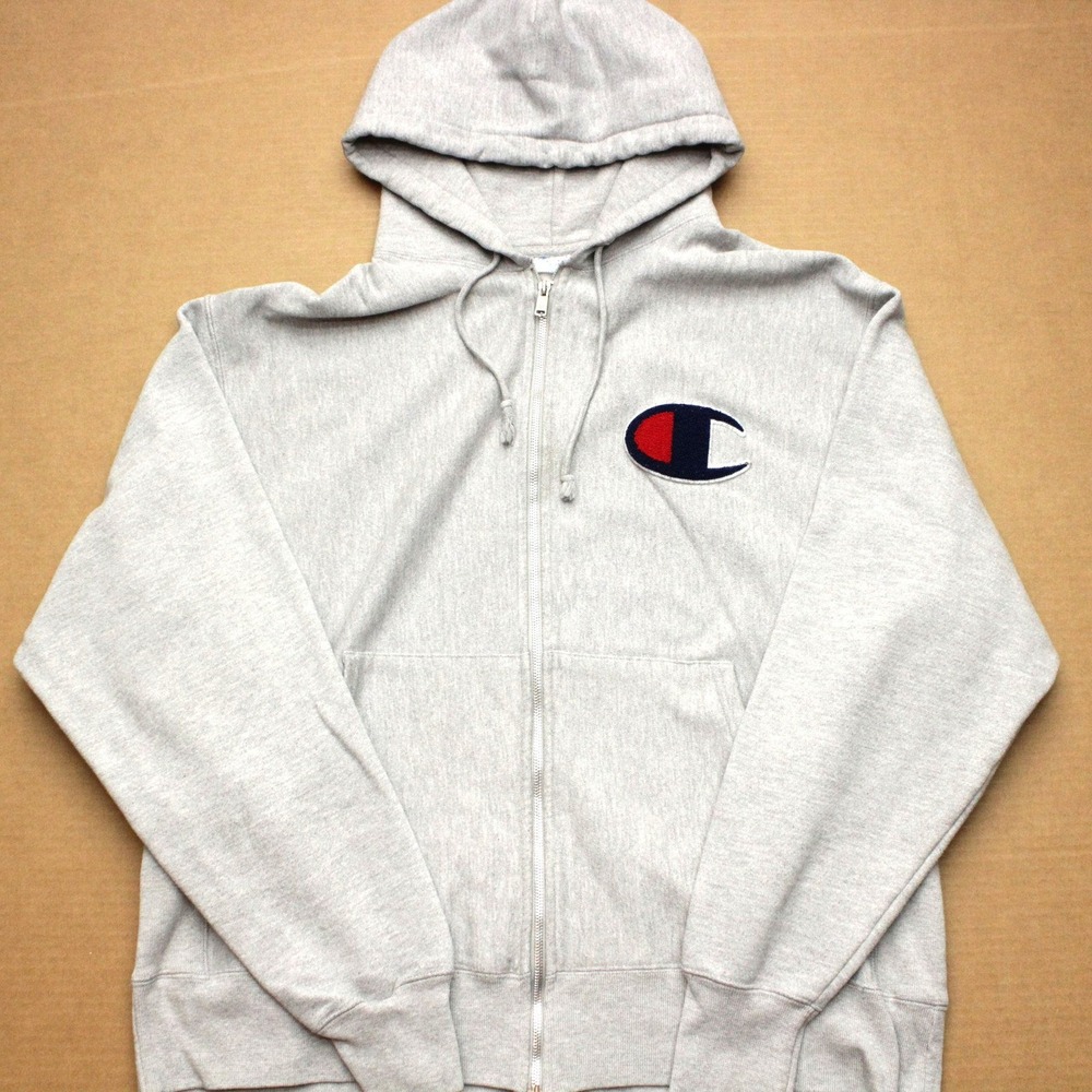 Vintage Champion Reverse Weave Hoodie Mens XL Gray Full Zip Big C Patch Logo Y2K
